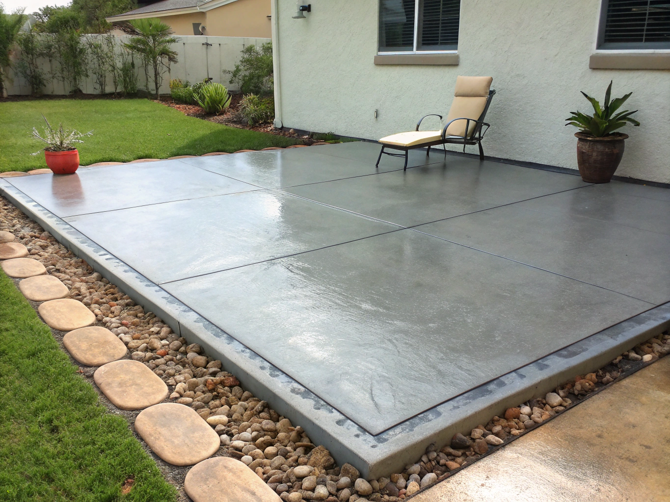 Technician applying wet-look protective sealer to stamped concrete patio