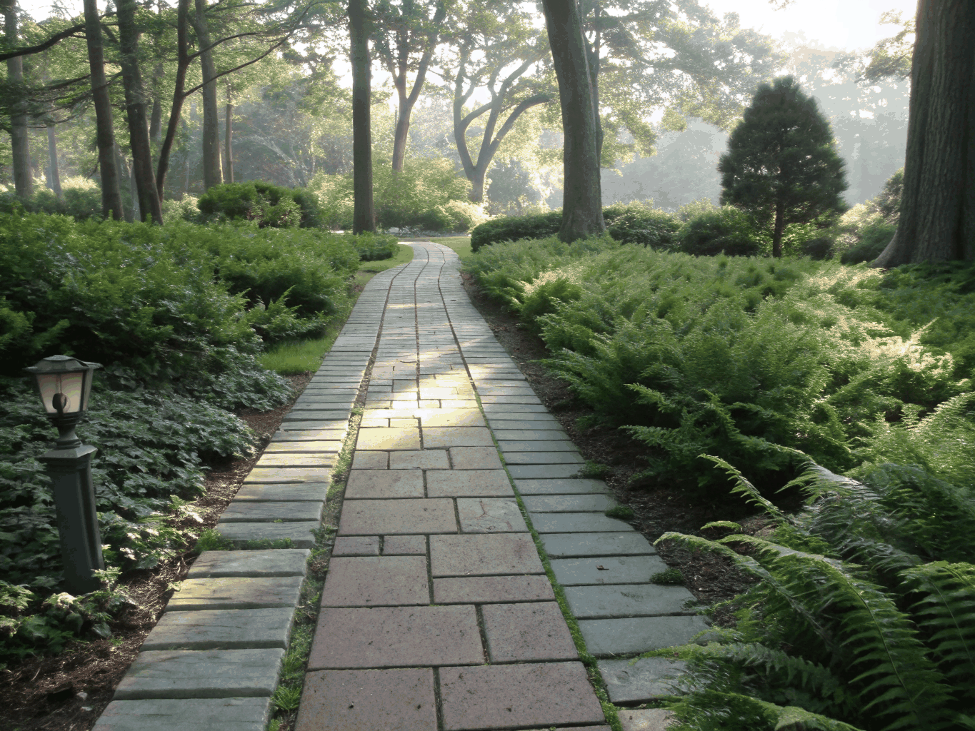 Curved paver walkway winding through landscape to front door