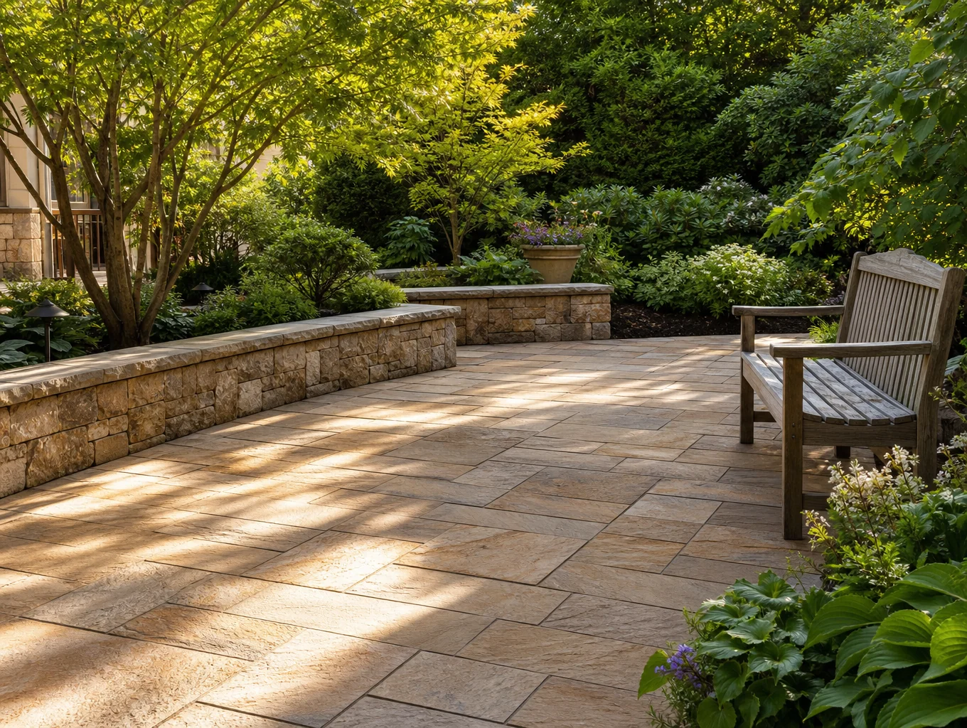 Terraced brick paver patio featuring curved steps and integrated exterior lighting