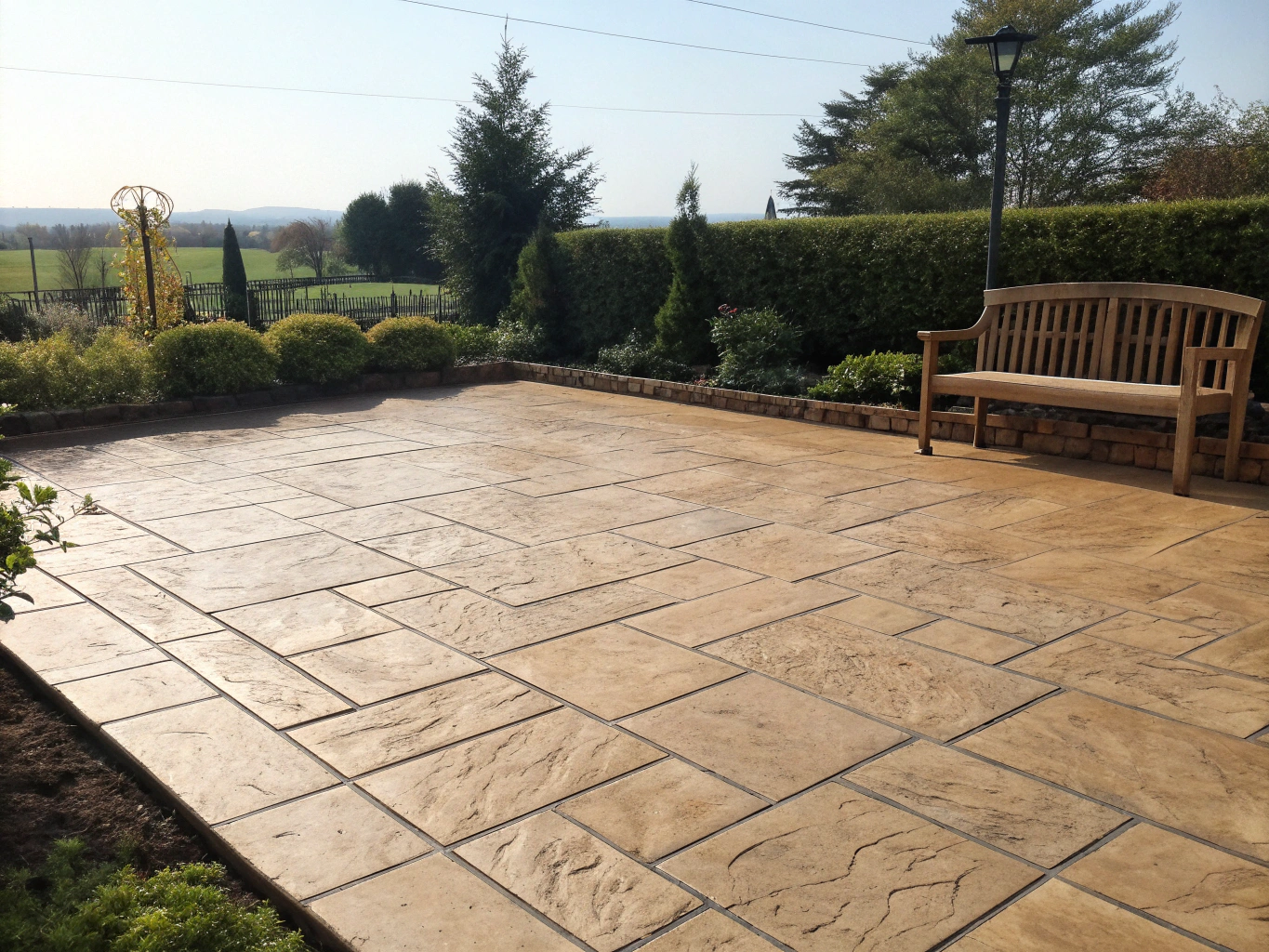 Ashlar slate stamped concrete patio with rich earth-toned antiquing release